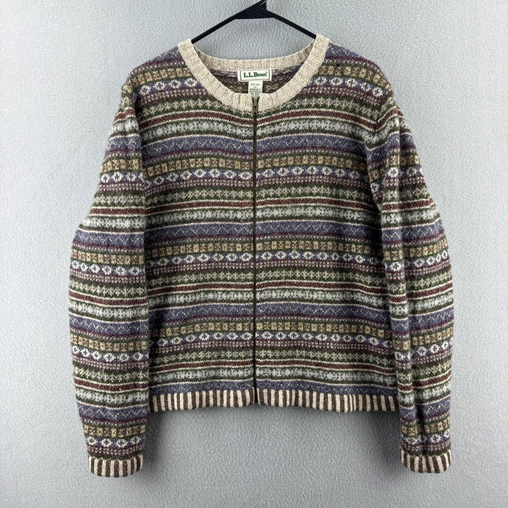 Vintage LL Bean Sweater Womens‎ Large Full Zip Fair Isle Knit 90s Crewneck
